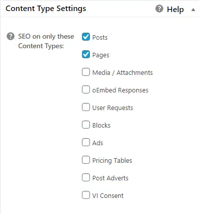 All in One SEO Pack Content type settings