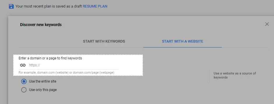 Discover new keywords with a website