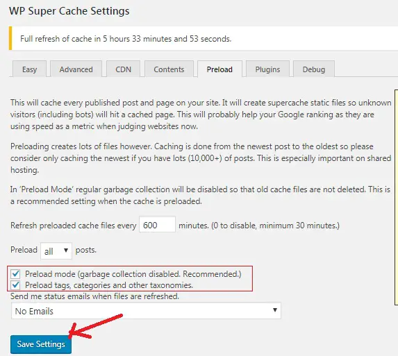 WP Super Cache Plugin Settings Preload