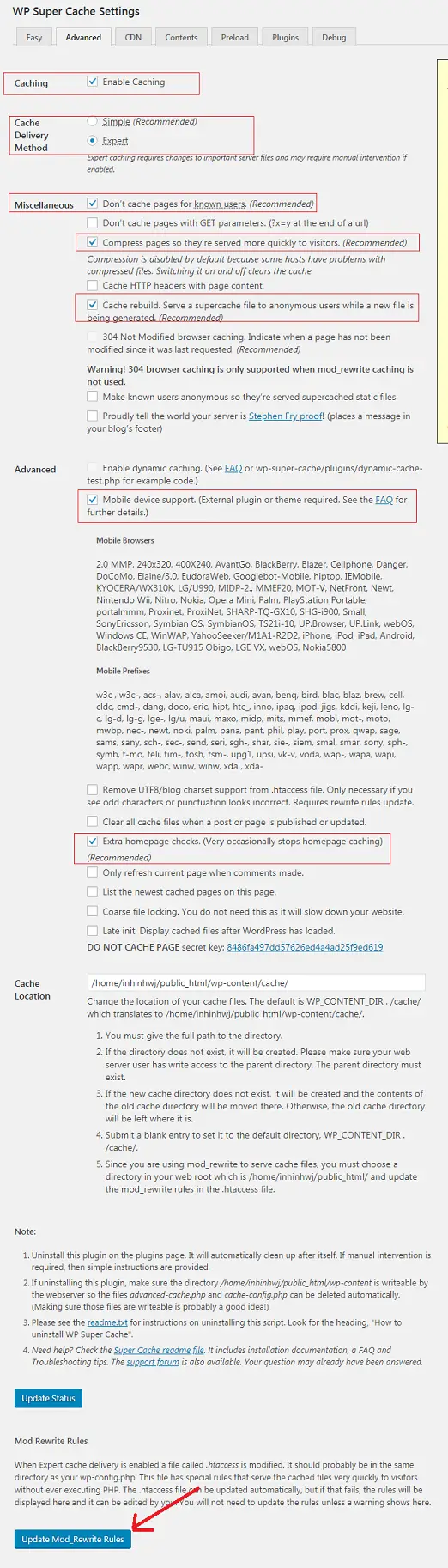 WP Super Cache Plugin Settings Advance