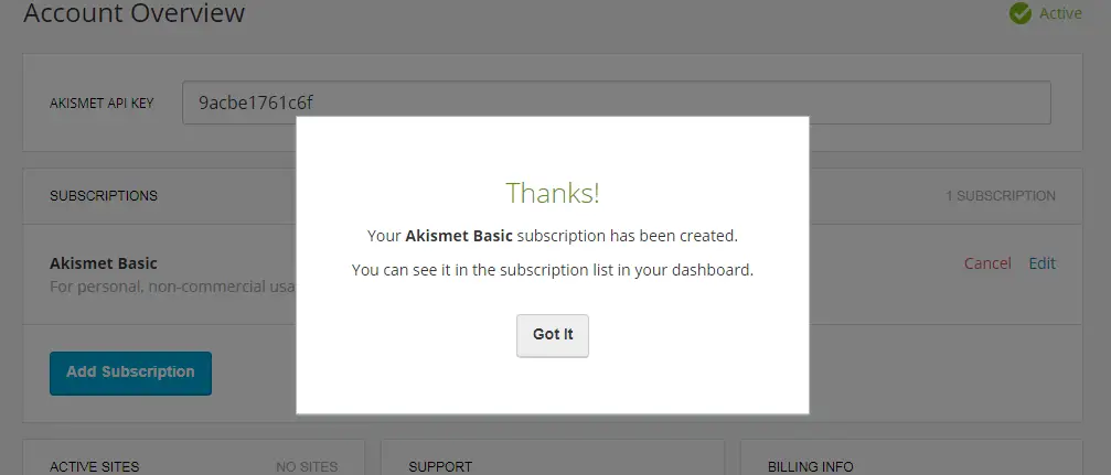 Your Akismet Basic subscription has been created