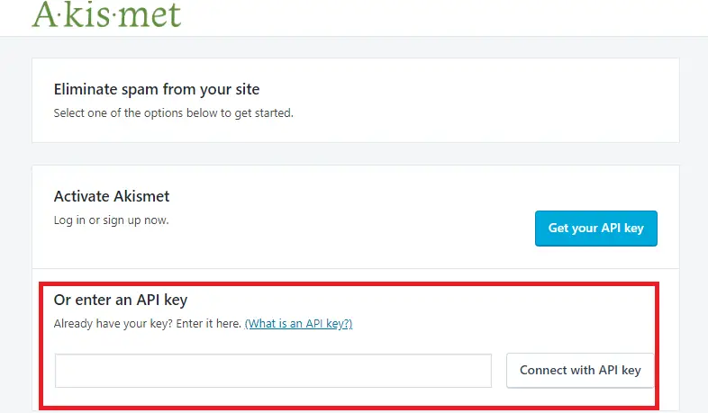 Akismet key in the “enter an API key