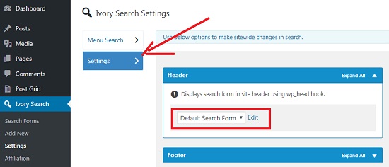 Displays search form in site header using