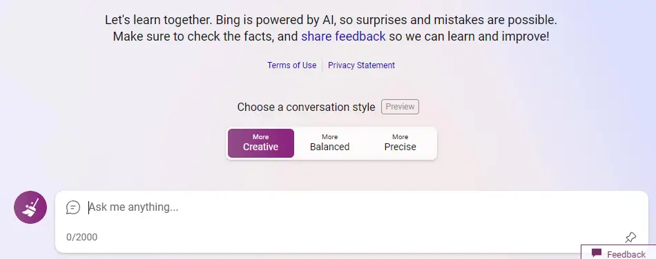 Bing AI Chat Welcome Screen