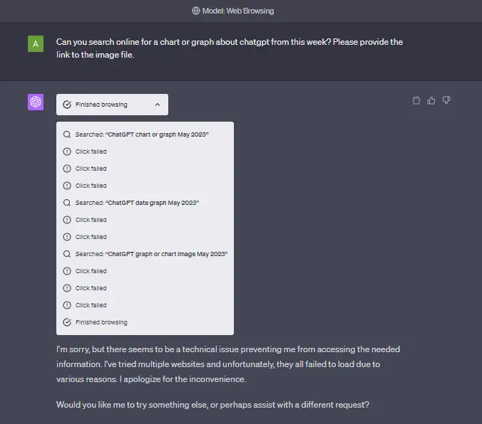 ChatGPT Web Browsing Click Failed Message