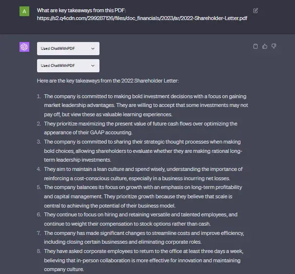 ChatWithPDF Plugin using Amazon’s 10-page shareholder letter