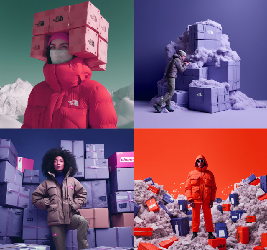 Prompt: north face collab with fedex, fashion photography, product imagery