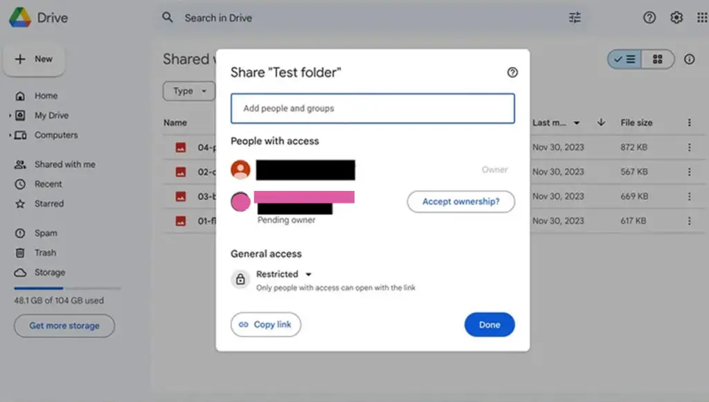 accept ownership of shared google drive file or folder