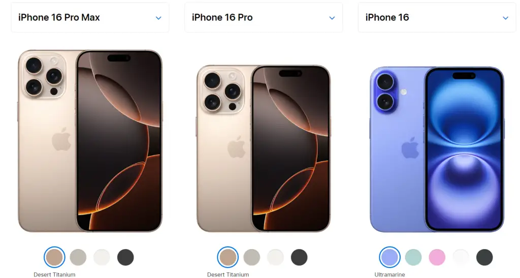 Compare between iPhone 16 pro, iPhone 16 pro max and iPhone 16