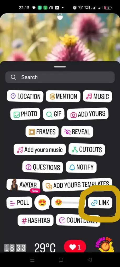 Select the “Link” Sticker for Instagram Story Link