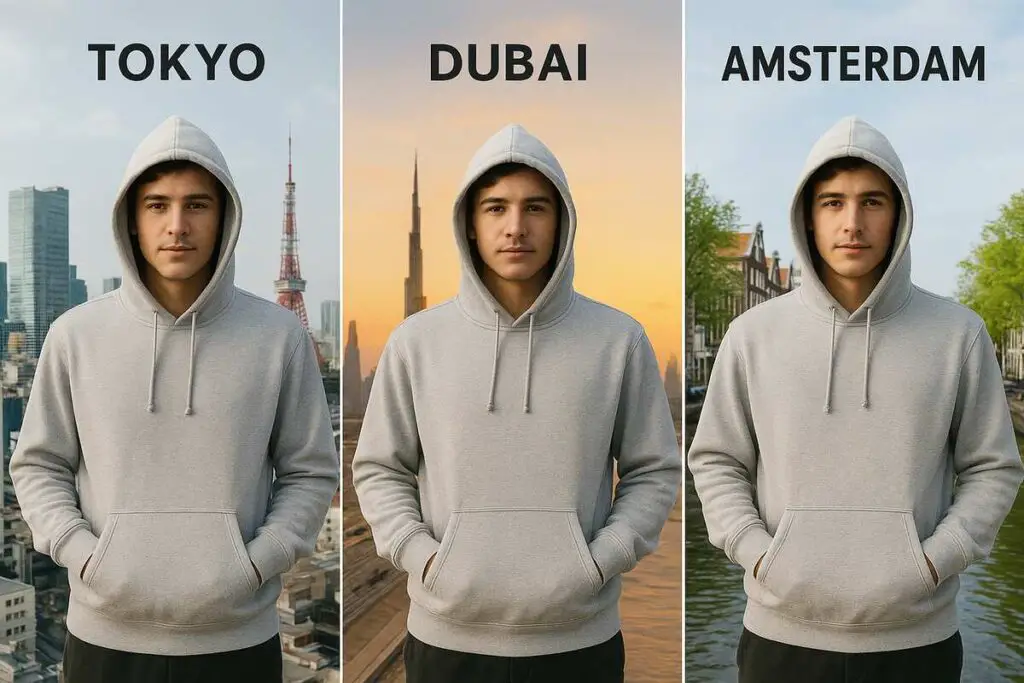 Side-by-side ad showing same hoodie in Tokyo, Dubai, and Amsterdam.