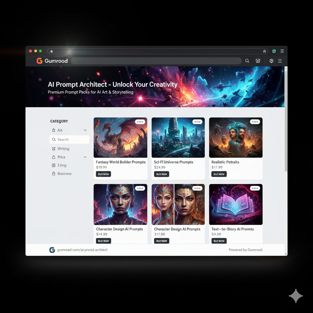 Screenshot of a Gumroad storefront selling AI prompt packs