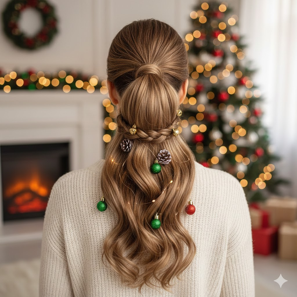 High Ponytail with Braided Accent – Ponytail wrapped with a mini braid and ornaments